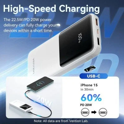 Vention power bank 20000mah (micro-usb + usb-c + usb-a + usb-a) with built-in usb-c and lightning cables 22.5w - white